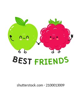 Card with cute happy green apple and raspberries. Vector hand drawn doodle style cartoon illustration icon design. Best friends card with cute happy green apple and raspberries