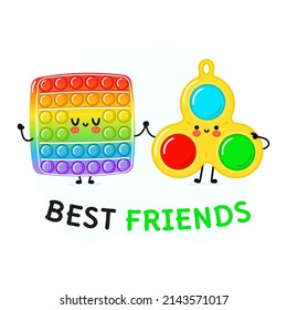 Card cute happy pop it and simple dimple characters. Vector hand drawn doodle style cartoon character illustration icon design. Best friends card cute pop it and simple dimple mascot character