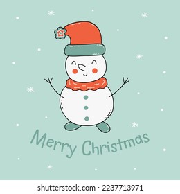 Card cute happy snowman in hat with pompon raised his hands up. Inscription Merry Christmas. Green background. Snowing. Winter and new year postcard. Vector illustration hand drawn doodle