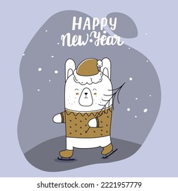 Card. Cute hare on skates. Handwritten inscription Happy New Year. Calligraphy New Year inscription. Design element for advertising poster, flyer, postcard. Vector illustration EPS10