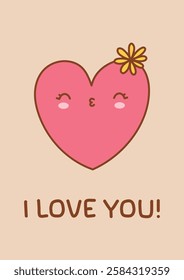 A card with a cute heart. Kawaii pink Doodle art. Vector illustation on a isolated background