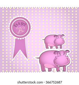 Card with cute Hippo and figured vignette for newborn girl