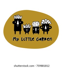 Card with cute houseplants and text My little garden.