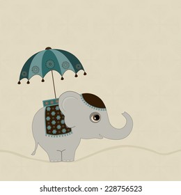 Card with cute indian elephant with umbrella