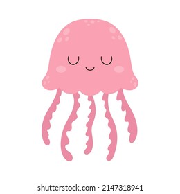 card with cute jellyfish isolated on white background, happy summer vector illustration, children design with sea animal