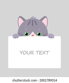 Card with cute kawaii gray cat. Place for your text. Cartoon flat style. Vector illustration