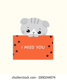 Card With Cute Kawaii Sad Cat. I Miss You. Vector Illustration. Cartoon Flat Style