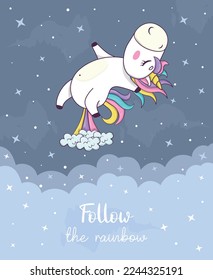 Card and cute kawaii unicorn and rainbow mane   horn in anime style