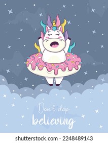 Card and cute kawaii unicorn and rainbow mane   horn in anime style