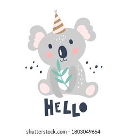 Card with cute koala on a white background. Kids print. Vector Illustration