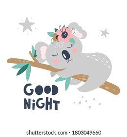 Card with cute koala on a white background. Kids print. Vector Illustration