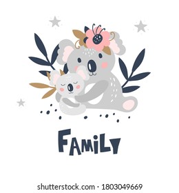 Card with cute koala on a white background. Kids print. Vector Illustration