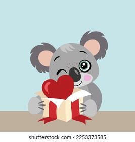 Card with cute koala opening surprise heart box