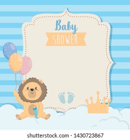 card of cute lion with feeding bottle and balloons