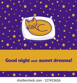 Card with cute little cat sleeping on pillow and dreaming of fish