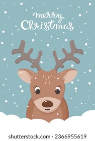Card with cute little deer and snow. Illustration for Christmas, birthday, baby shower.