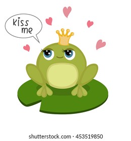 Card with cute little frog and inscription 'kiss me'