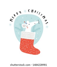 Card with cute little mouse in  Christmas sock: Merry Christmas. Vector illustration in red and blue for Christmas posters, cards, gift tags.  