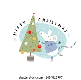 Card with cute little mouse and Christmas tree: Merry Christmas. Vector illustration in red and blue for Christmas posters, cards, gift tags.  
