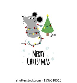 Card with cute little mouse and Christmas tree. Greeting сard with funny rat decorate Christmas tree. Cute rat got confused in the garland. The symbol of the new year in the Chinese calendar. 2020.