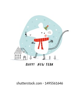 Card with cute little mouse and house: Happy new year. Vector illustration in red and blue for Christmas posters, cards, gift tags.  