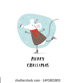 Card with cute little mouse in skates: Merry Christmas. Vector illustration in red and blue for Christmas posters, cards, gift tags.  
