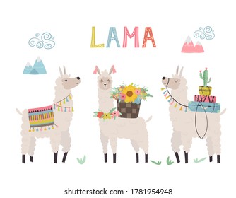 Card with cute llama, decorative elements, cactus, hand lettering. Vector illustration for cards, invitations, print, apparel, nursery decoration.