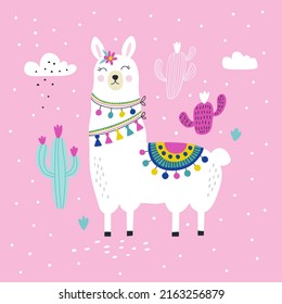 Card with cute llama. Vector illustrations 