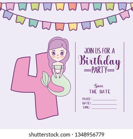 card with cute mermaid and number four