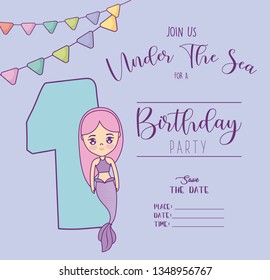 card with cute mermaid and number one