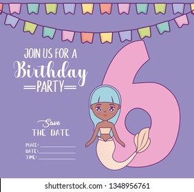 card with cute mermaid and number six