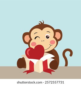 Card with cute monkey opening surprise heart box

