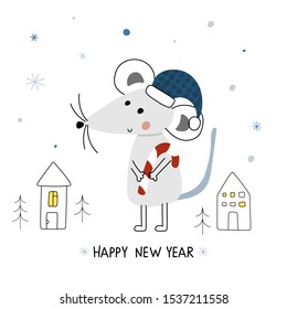 Card with cute mouse and candy. Happy New Year. Vector illustration for Christmas greeting cards, posters, gift tags. Creative hand drawn vector illustration