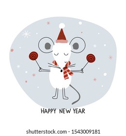 Card with cute mouse and candy. Happy New Year. Vector illustration for Christmas greeting cards, posters, gift tags. Creative hand drawn vector illustration