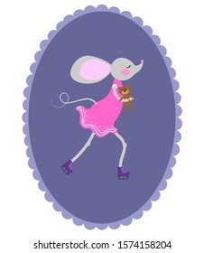 Card with cute mouse in skates and pink dress in an oval frame. Vector illustration for Christmas posters, cards, gift tags.