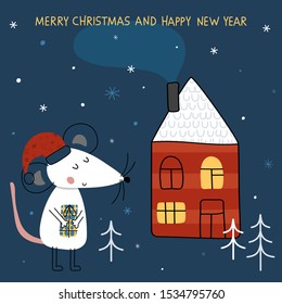 Card with cute mouse and winter house. Happy New Year. Vector illustration for Christmas greeting cards, posters, gift tags. Creative hand drawn vector illustration
