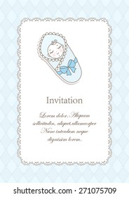 The card with cute new born boy on the lace and blue rhombus. Vector background.