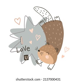 Card with cute otter, phrase i love you and abstract elements on white background. Valentines day vector illustration.