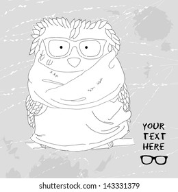 Card with a cute owl on a retro background. Fashion owl dressed as a hipster