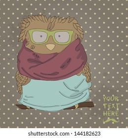 Card with a cute owl on a retro background. Fashion owl dressed as a hipster. eps 10