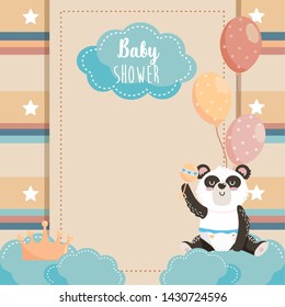 card of cute panda with crown and balloons