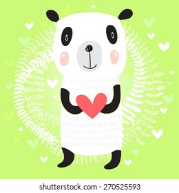 Card with cute panda holding heart on floral background. Vector illustration.