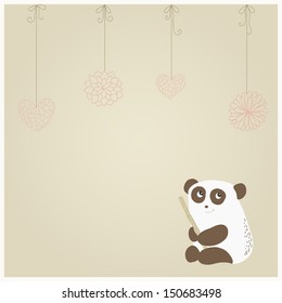 Card with a cute panda on paper background with hearts and flowers on a string. Great card for Valentine's Day. Eps 10