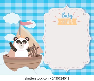 card of cute panda in the ship and clouds