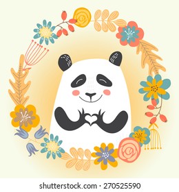 card with cute panda showing heart in Ring of flowers. Vector illustration.