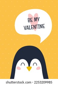 Card with cute penguin and text. Vector illustration on a yellow background.