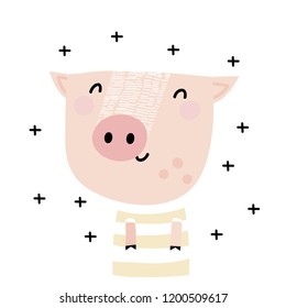 Card with cute pig. Baby animal character. Can be used print print for t-shirts, home decor, posters, cards. 2019.