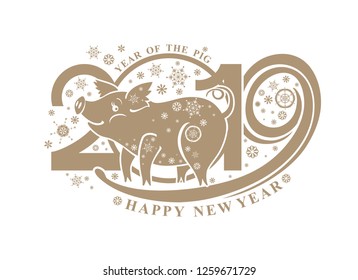 Card with cute pig on the background of 2019 and snowflakes. Vector pattern isolated on white. New Year's design 2019. Happy New Year!
