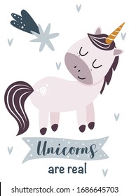 card with cute pink unicorn - vector illustration, eps