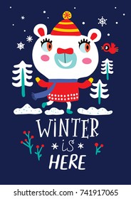 Card with a cute polar bear on a dark background. Winter is here. Childish vector illustration.
